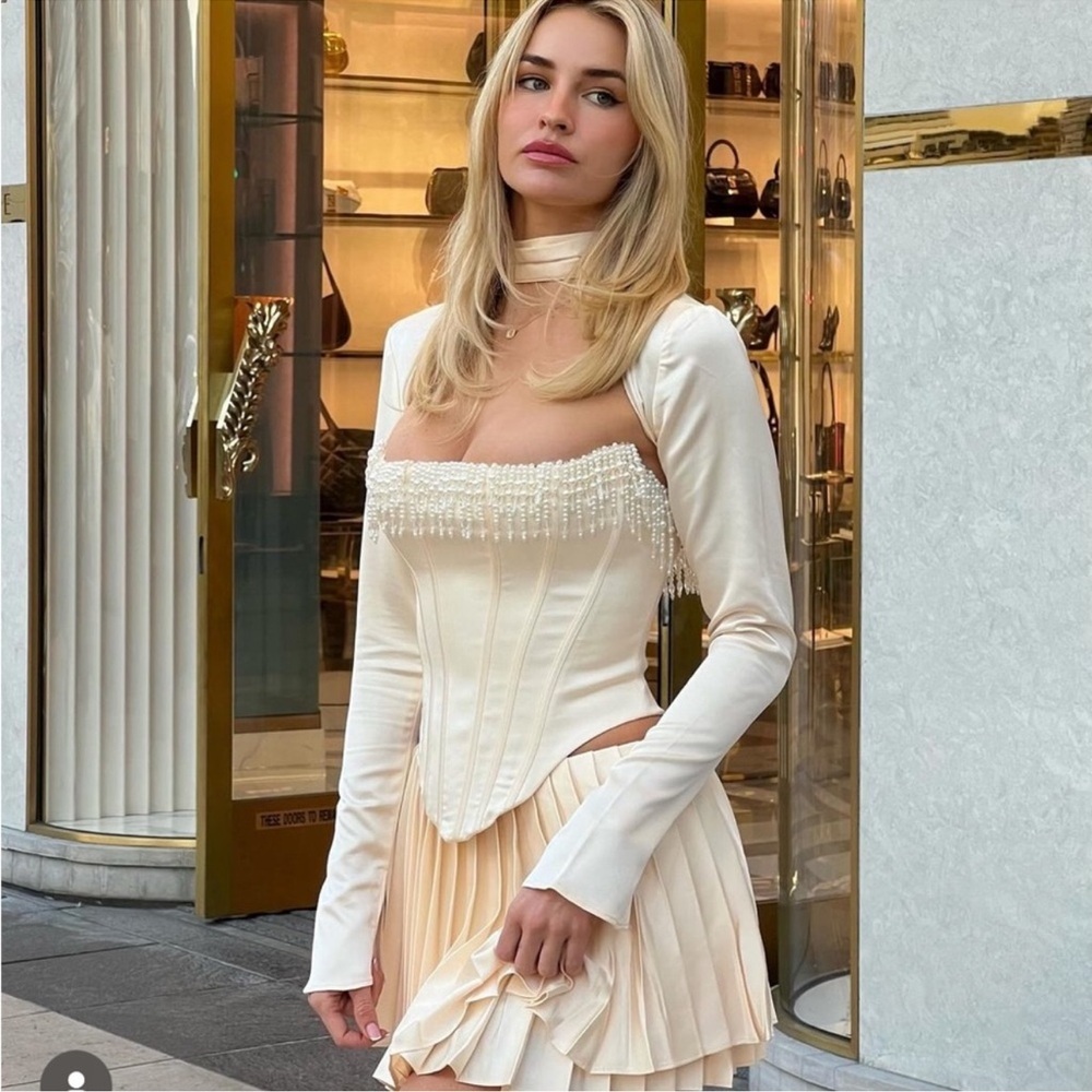 House of CB Cream Pearl-Trim Long-Sleeve Corset Crop Top